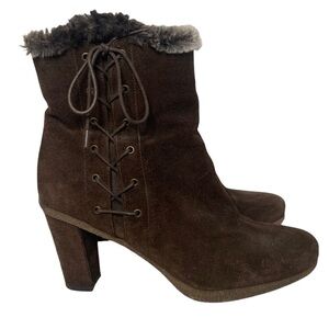 Stuart Weitzman Brown Suede Faux Fur Trim Lace Up Zip Up Ankle Boots